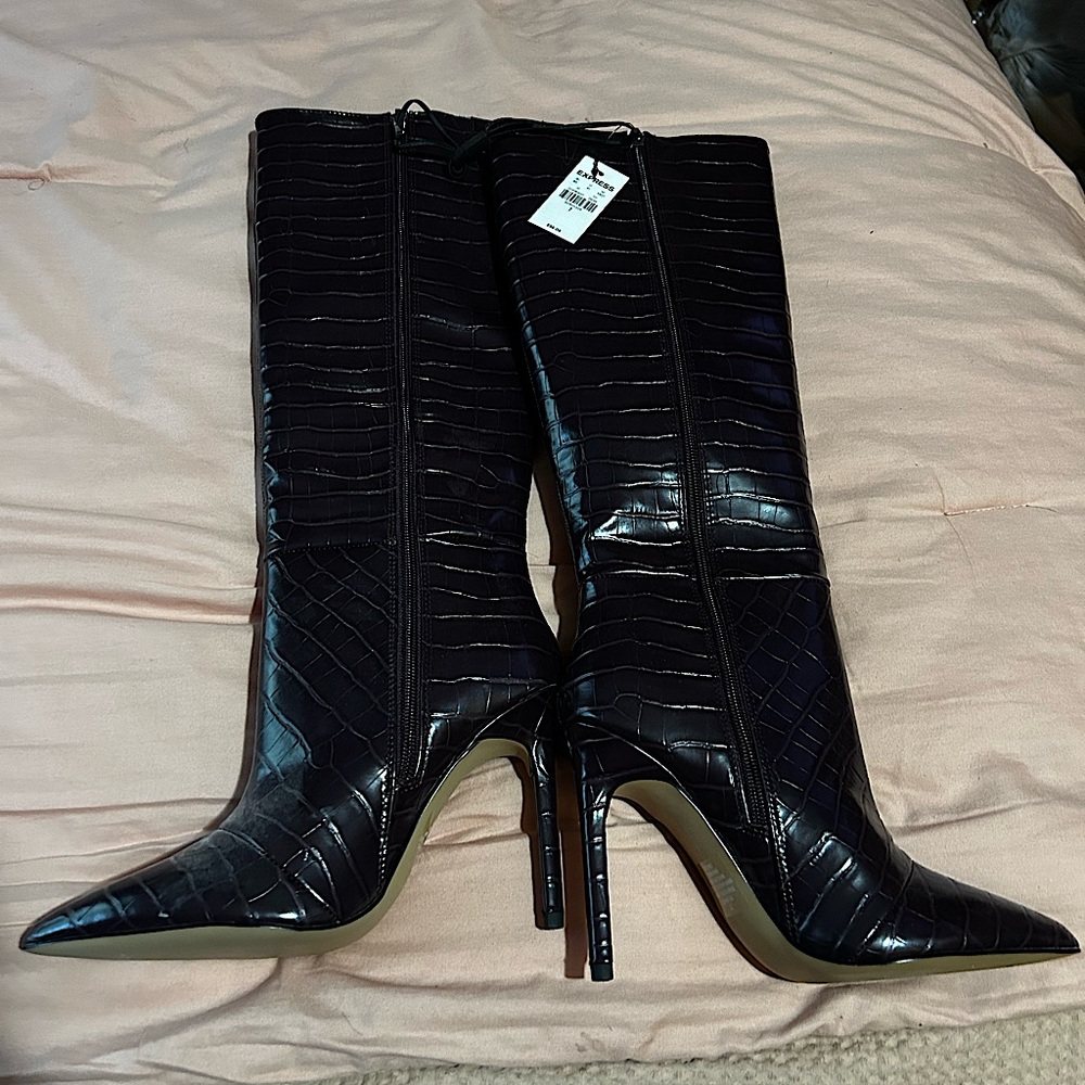 EXPRESS Snakeskin Deep Plum Knee Boots Never Worn